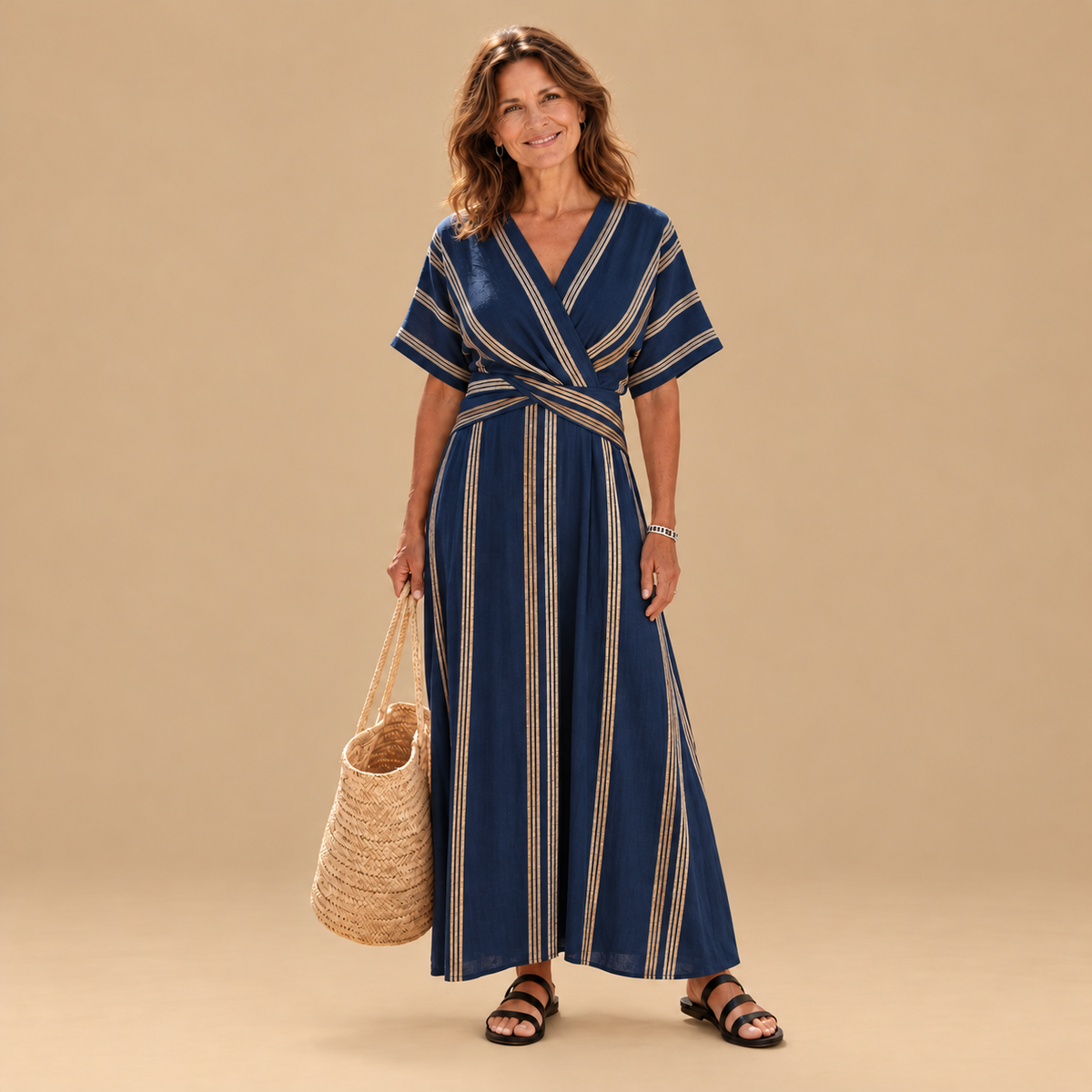 Saphira | V Neck Short Sleeve Striped Wrap Midi Dress