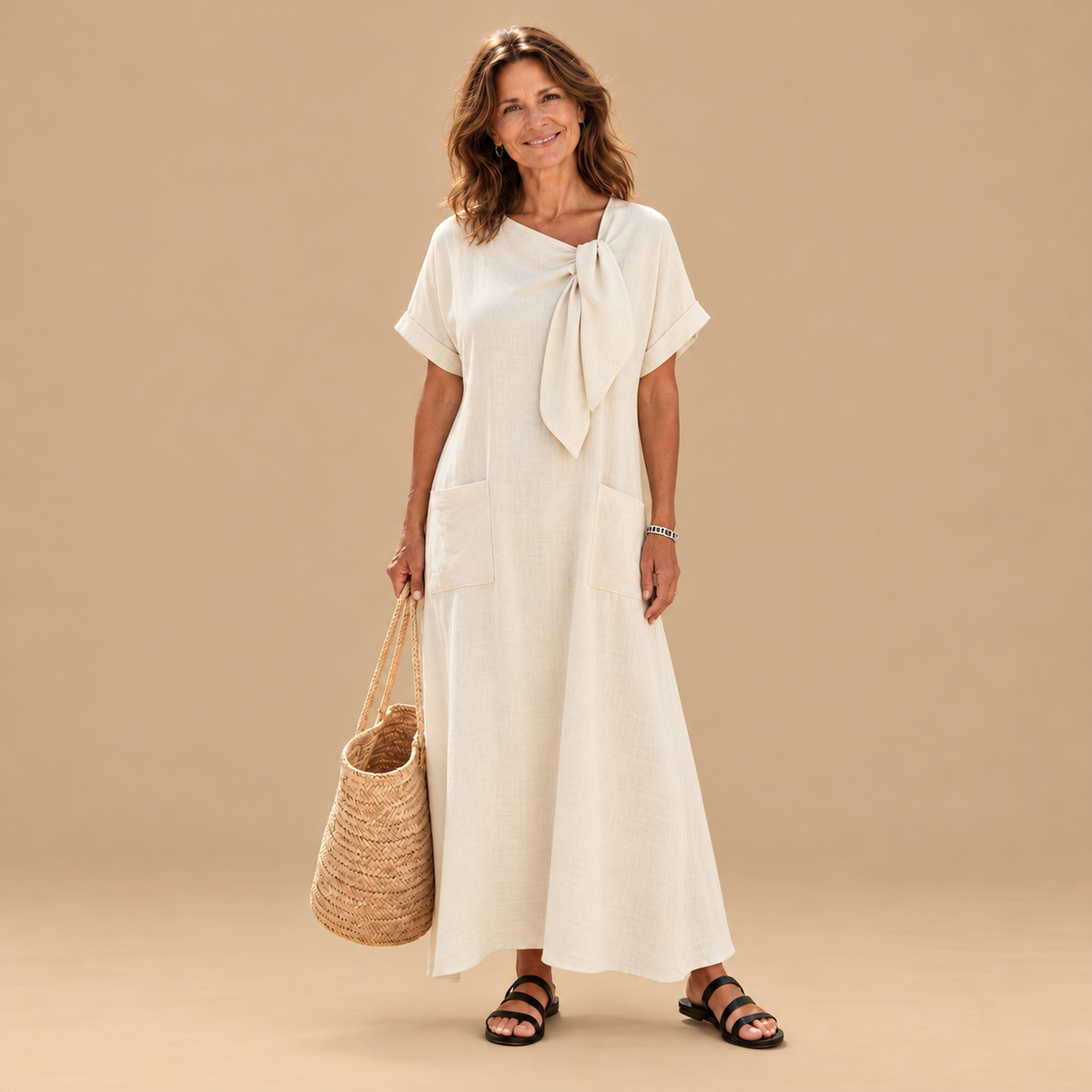 Elowyn | Round Neck Short Sleeve Pocket Maxi Dress