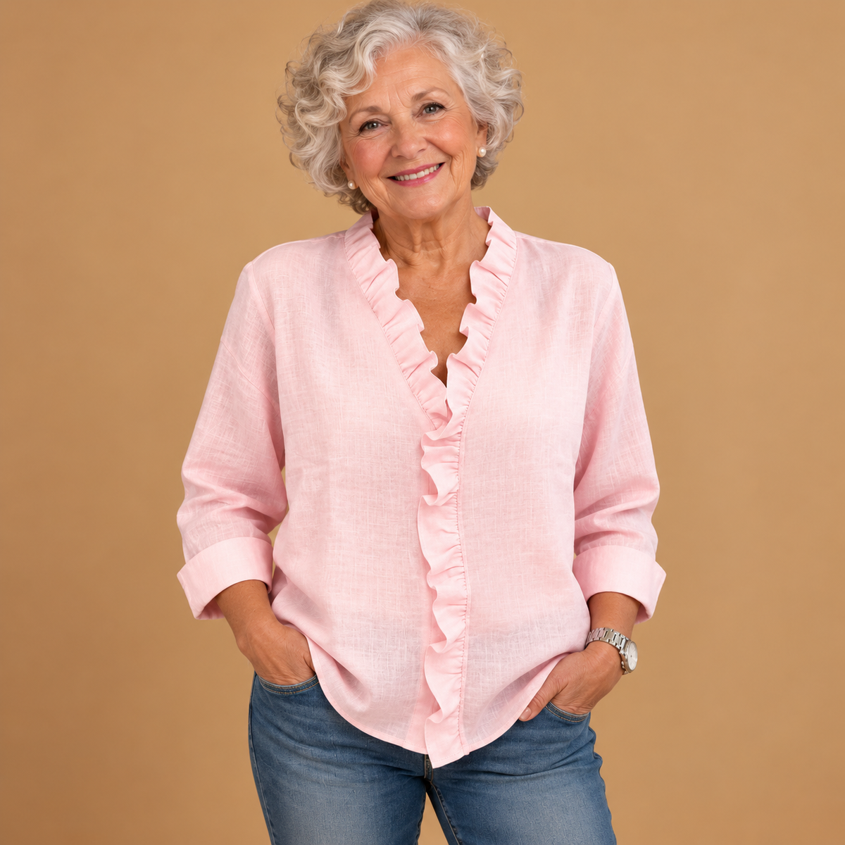 Susan | Blouse with Ruffles, V-Neck and Long Sleeves