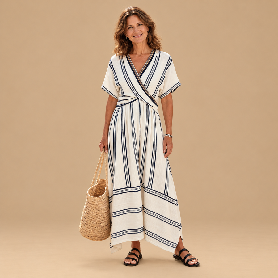 Thalassa | V Neck Short Sleeve Wrap Waist Midi Dress