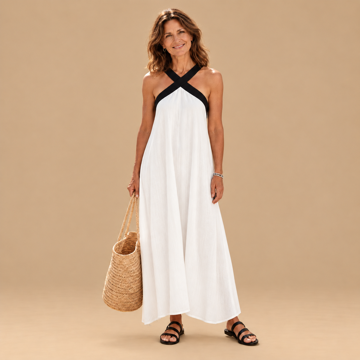 Adair | Cross Neck Contrast Strap Midi Dress