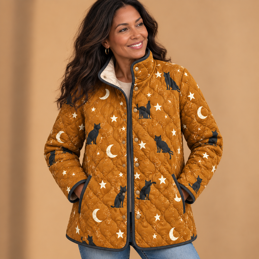 Eira | Casual Black Cat Halloween Print Quilted Jacket