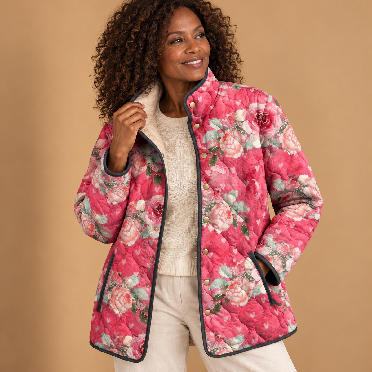 Freya | Charming Pink Floral Print Quilted Jacket