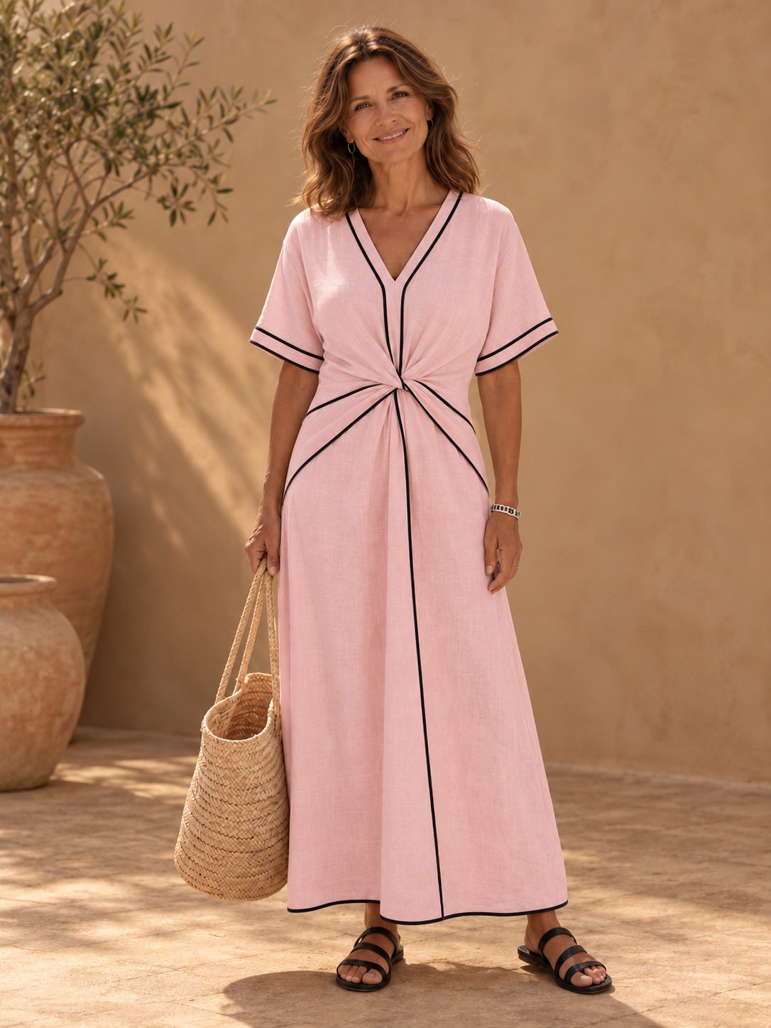 Linnea | V Neck Short Sleeve Gathered Waist Midi Dress