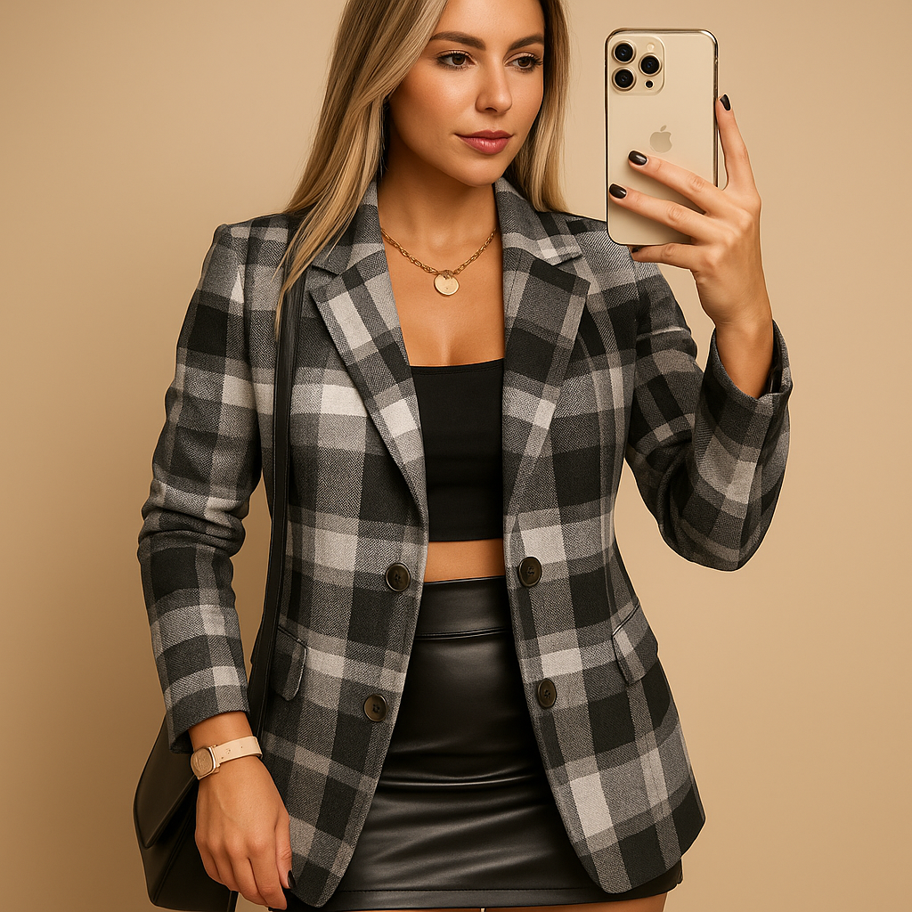 Rive | Long Padded Coat for Women with Check Pattern